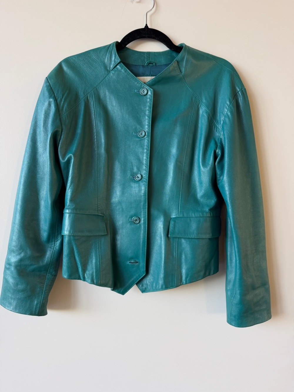 Women's vintage Teal Leather Button-Up Jacket 4/6